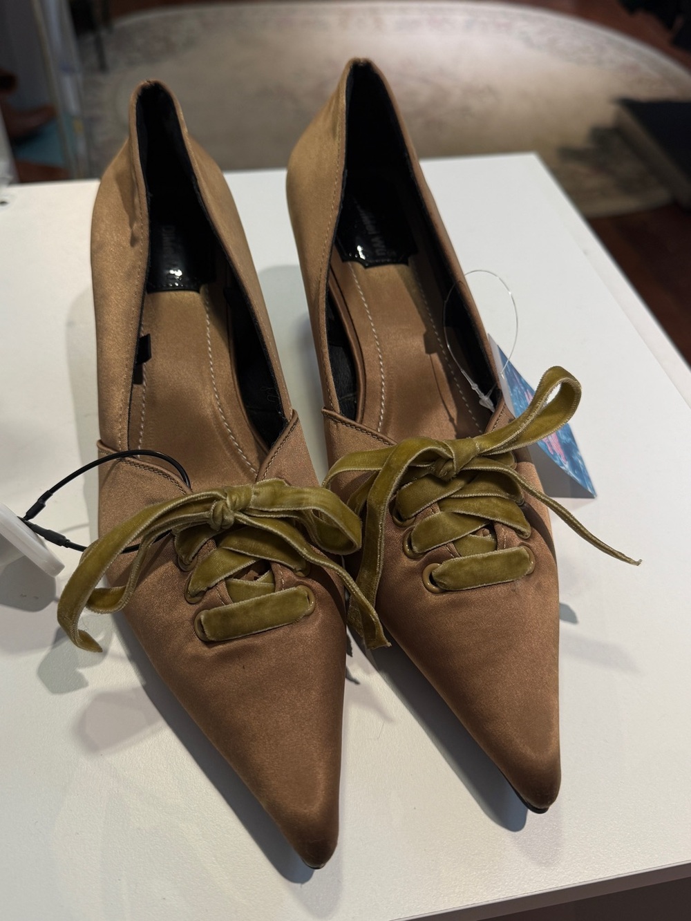 Pointed Toe Lace-Up Women’s Flats in Brown with Olive Laces